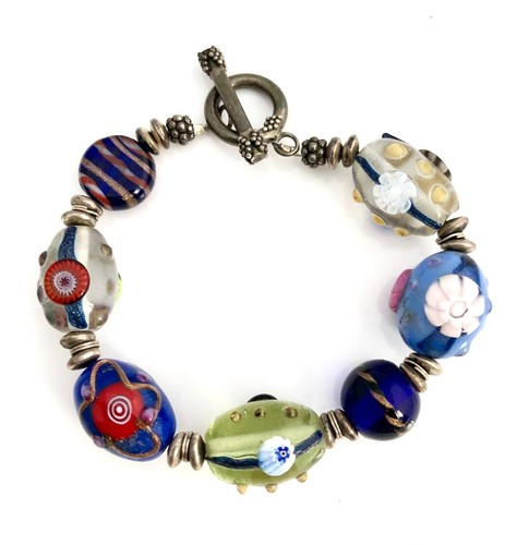 Vintage 925 Sterling Lampwork Art Glass Bracelet - Picture 1 of 8