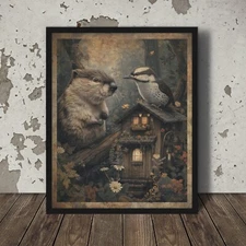 BEAVER WOODPECKER Woodworking Wall Art, Animal Friend Teamwork Botanical Poster