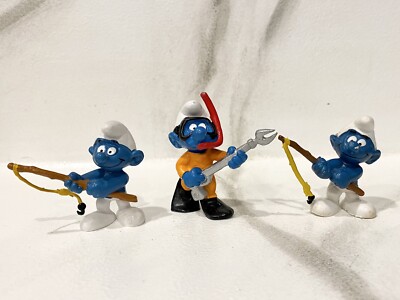 Smurfs 20101 Angler Smurf Fishing Yellow Pole 20120 Frogman Scuba Diver Harpoon