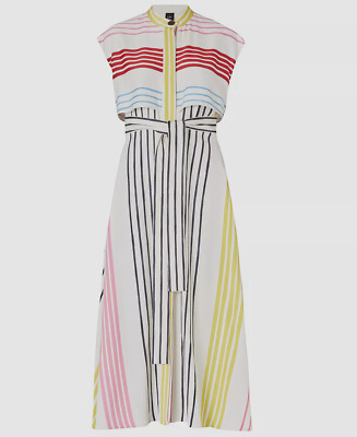 $545 Marella Art. 365 Women's Ivory Sleeveless Satin Striped Shirt Dress Size 12