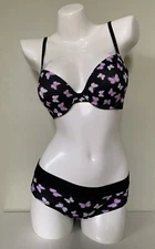 NEW Victoria's Secret PINK Push Up Bra & Panty Set Black Purple Butterfly