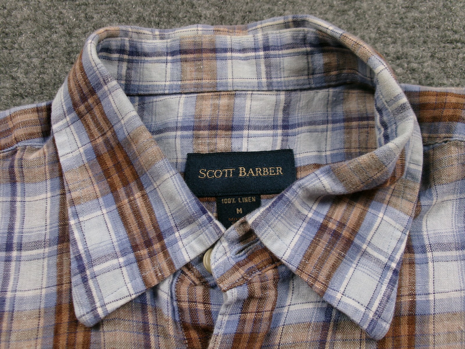 Scott Barber Shirt Mens Medium Blue Brown Plaid 100% Linen Long Sleeve Button Up