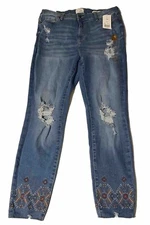True Craft 14W high rise skinny ankle distressed boho embroidered jeans NEW
