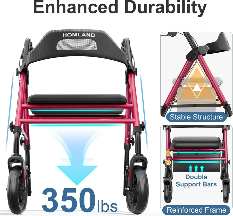 Andador Andador Plegable con Asiento, Ruedas de 8", Capacidad 350 lb, Ajustable, Rojo Foto 2 de 4