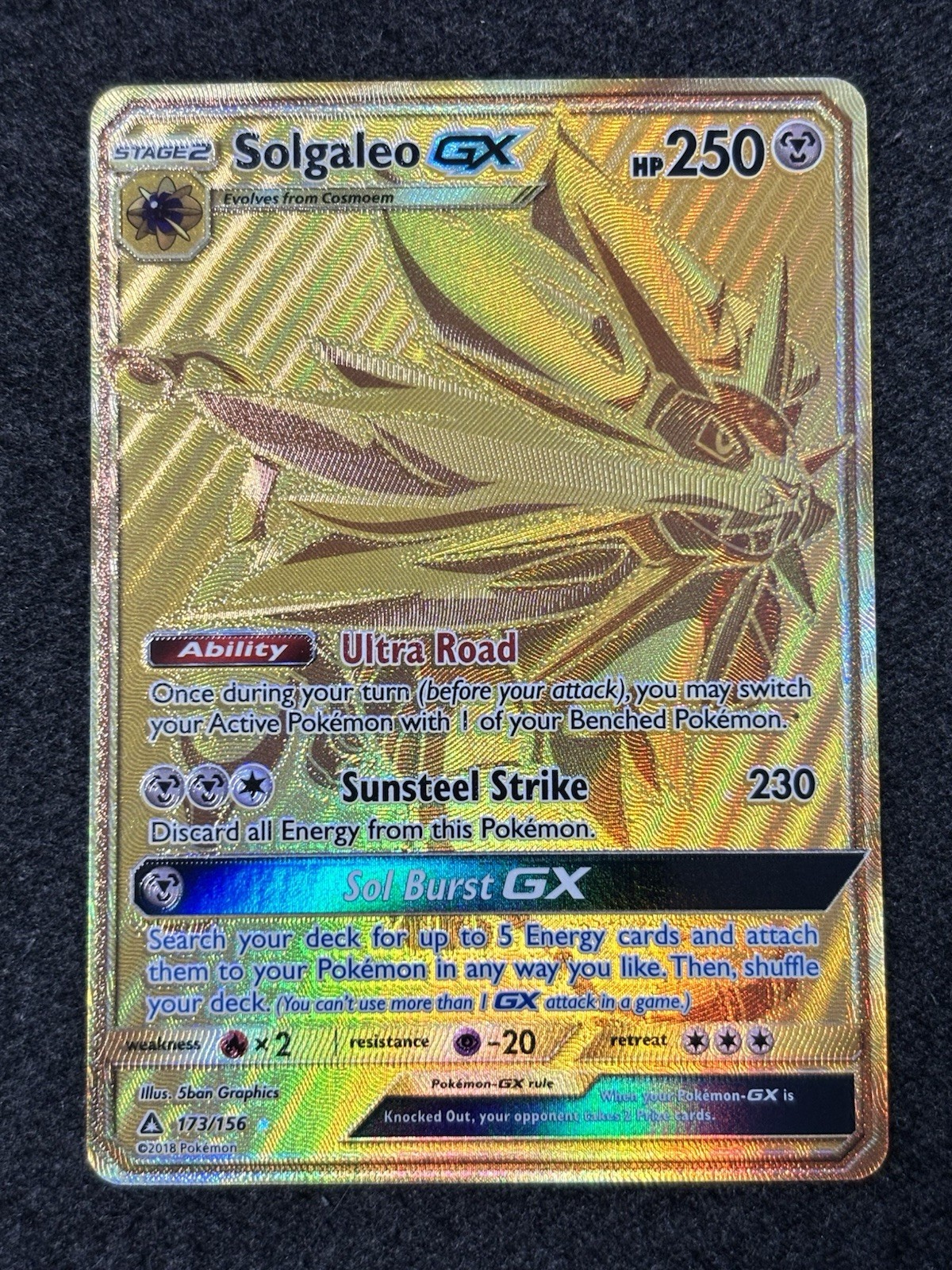 Solgaleo GX 173/156 Ultra Prism Gold Secret Rare Pokemon Card S&M 2018 TCG NM