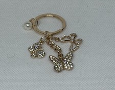 Gold Tone Metal Butterfly Rhinestone  Faux Pearl Charm Key Chain Keyring