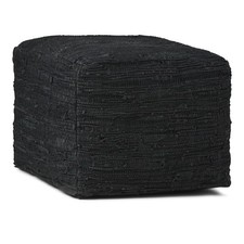 SIMPLIHOME Fredrik Square Pouf, Footstool, Upholstered in Black Woven Leather, f