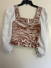 Anthropologie Love the Label Womens Blouse Zebra Print Smocked Boho Peasant SzXS