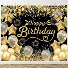 Black Gold Happy Birthday Backdrop 10x8ft for Men Women Boys Girls Birthday P...