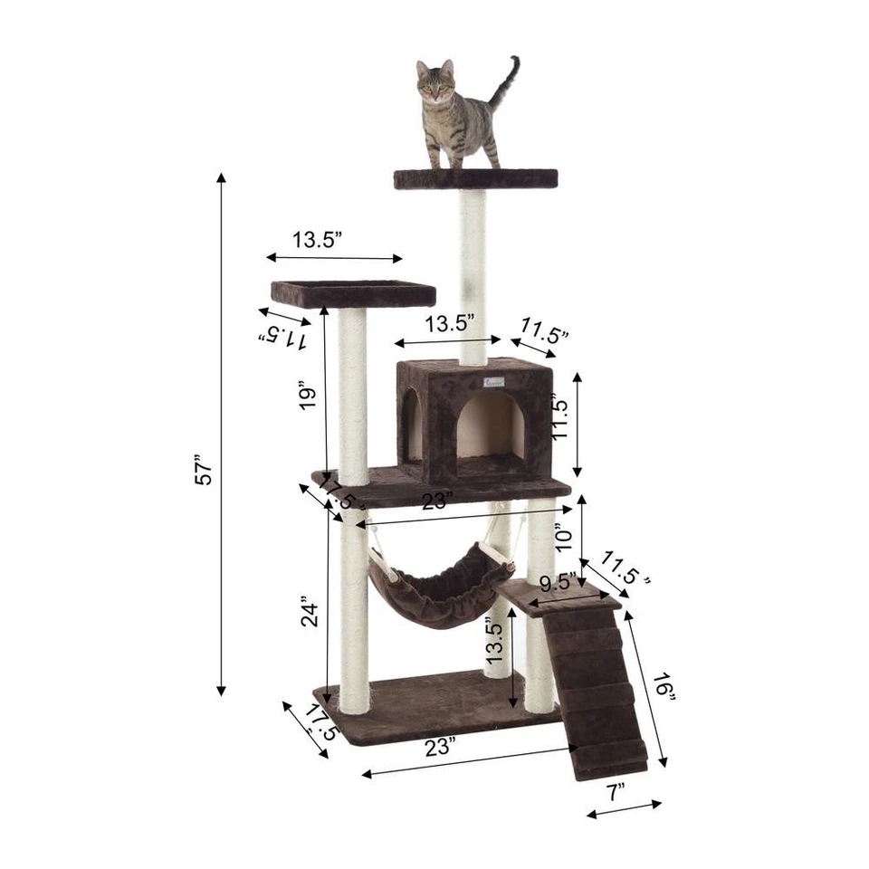 57-Inch Real Wood Cat Tree In Coffee Brown With Four Levels, Ramp - Image 2 of 4