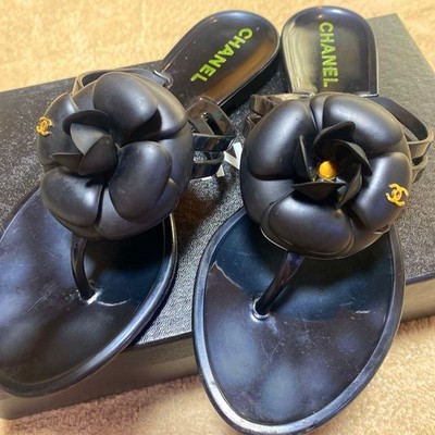 CHANEL Camellia Jelly Thong Sandals Black CC Logo Size 36 US 6