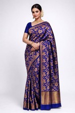 Royal Blue Bridal Kanchipuram Soft Silk Saree, Gold Floral Zari Wedding Saree