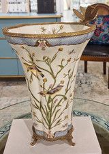 Vintage Style Satin Grass Porcelain Vase with Bronze Ormolu Dragonfly -13''H