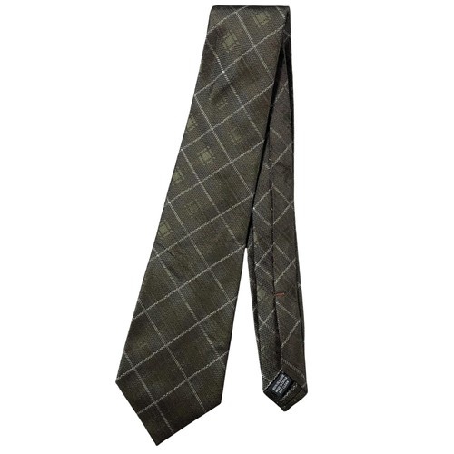 Saks Fifth Avenue Tie Mens One Size Green Plaid Classic Woven Silk Necktie