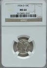 1934-D Mercury Dime 10C NGC MS-64 Choice BU Silver Classic Date Coin #551