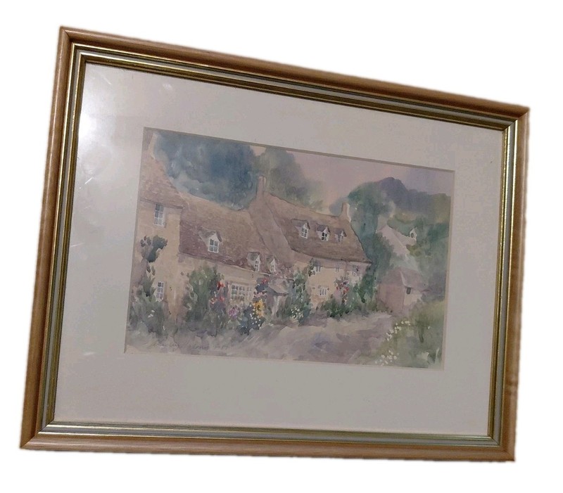 Vtg Lesley Holmes Original Watercolor Painting "Snowshill, Glos" Cotswolds 14x11