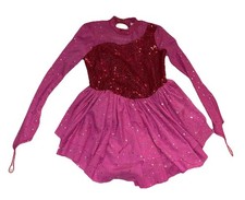5-6Y Hot Pink Sequin Figure Skating Dress Long Sleeve Competition Dance Leotard