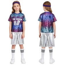Kids Girls Outfits Stage Uniform High School T-shirt Metallic Costume Dancing