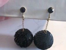 Vintage Disco Ball Clip On Earrings Black Sequin Dangle