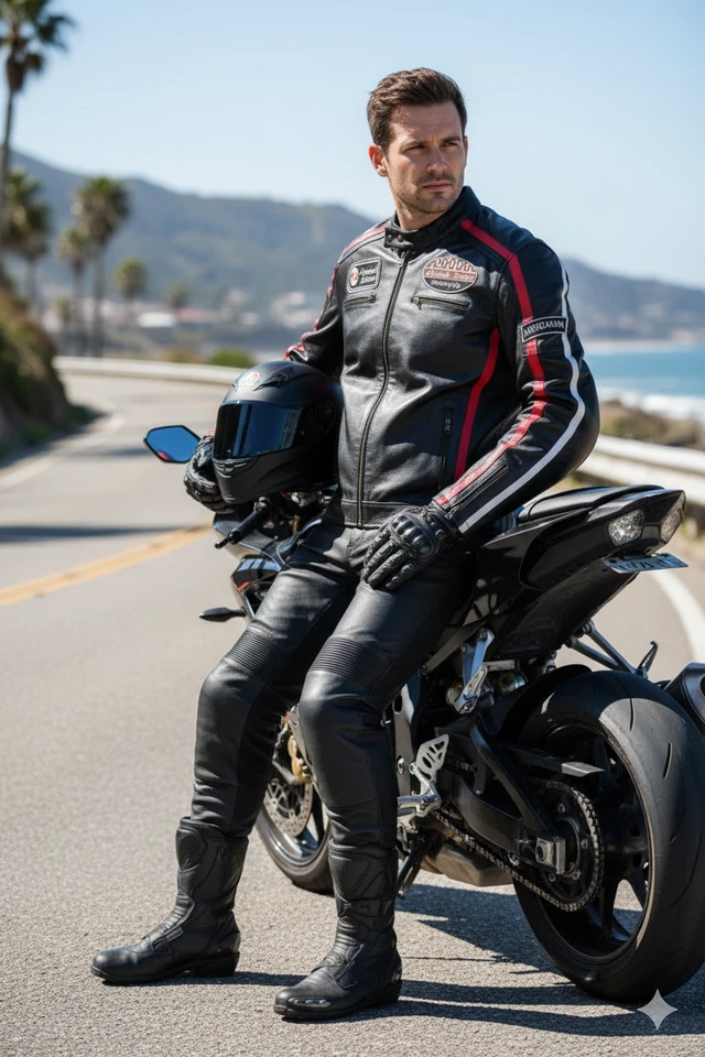 Men’s Black Leather Motorcycle Racing Jacket – Biker Cafe Racer Retro Style with - Image 3 of 4