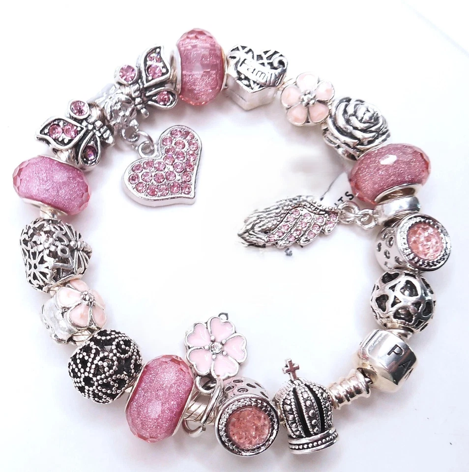 PANDORA SILVER CHARM BRACELET AND PINK CRYSTAL CHARMS & GIFT BOX! - Image 2 of 4