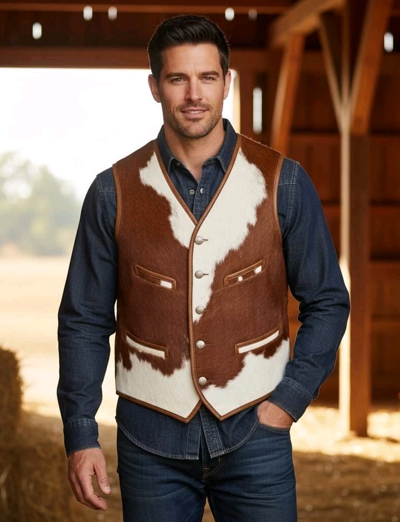 Men's Cowhide Leather Vest Real Natural Hair On Leather Vest