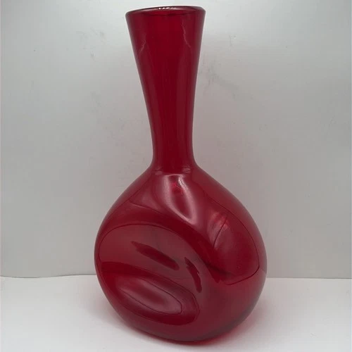 Blenko 9 3/4 IN Dimple Pinched Vase Ruby Red Unique Rare Possible Bug In Glass