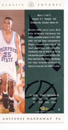 1993 CLASSIC FUTURES Tall Basketball Card #3 ANFERNEE HARDAWAY RC - Picture 2 of 2