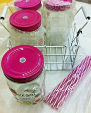 Set of 4 American Style Glass Bottle Drink Jar, Straw & Stand Milkshake