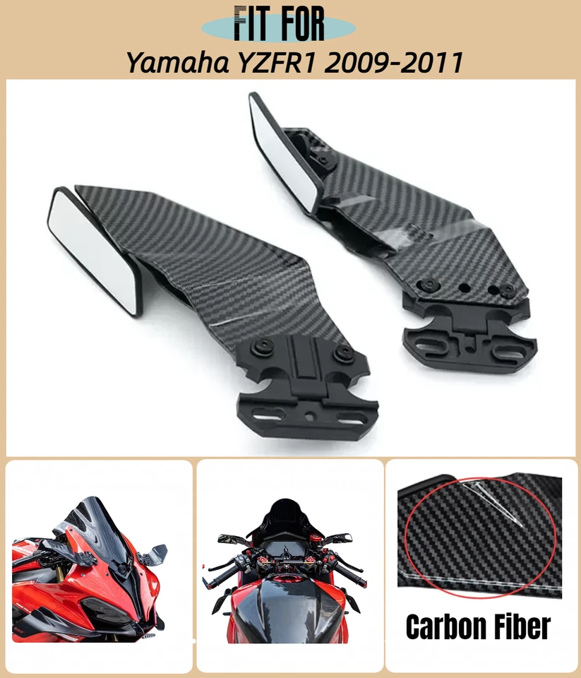 Espejos retrovisores estilo fibra de carbono negro Wind Wing para Yamaha YZF R1 2009-2011 Foto 2 de 4