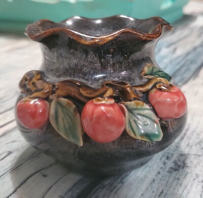 Decorative Hand Crafted Glaze Pottery Jar Sculpted Cherries Vine Signed By...