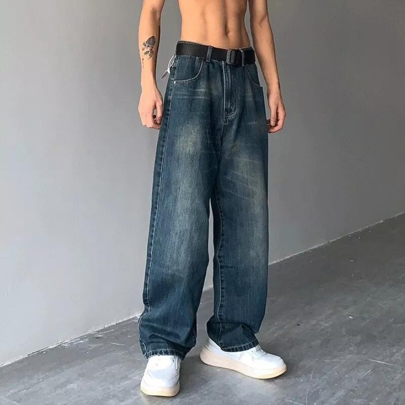 Men Loose Straight Leg Jeans Vintage Washed Denim Pants Hip Hop Streetwear