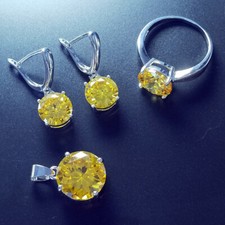 3pz Ciondolo Gemma Tonda Giallo Citrino Argento Donna Ragazza Collana Orecchini Anelli