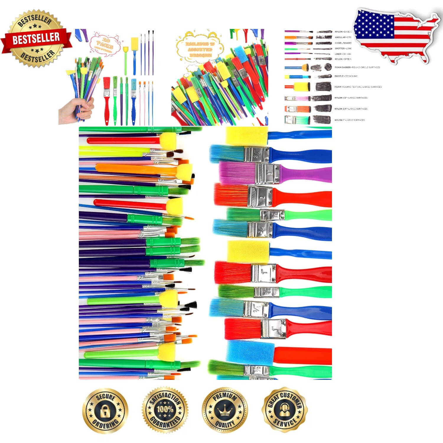 Assorted 300-Piece Paint Brush Set - Easy to Clean for Young Artists & Beginners