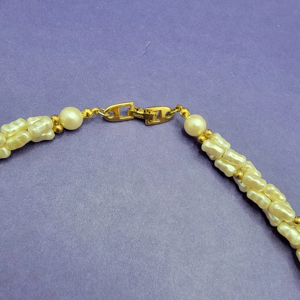 Collar Vintage Napier Crema Cuentas Tono Dorado Cadena Trenzado Retro 18 pulgadas Foto 2 de 4
