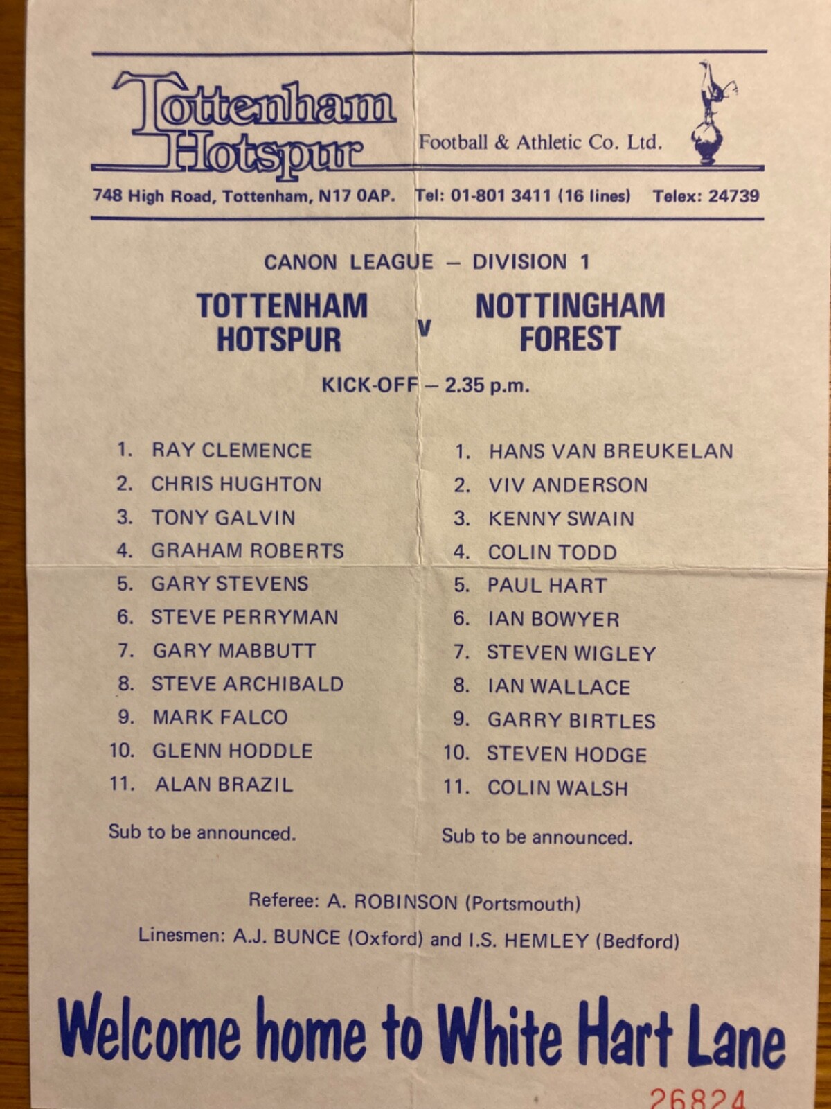 First Ever Televised Live Division 1 Match Team Sheet Tottenham v ...