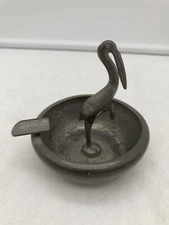Vintage Art Deco Genuine Pewter Standing Flamingo Tabletop Ashtray #75