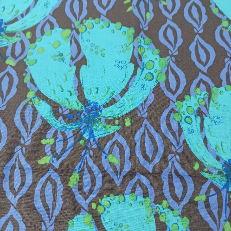 Estampado de algodón marrón púrpura verde azulado flor lluvia CALYPSO 2 yardas 45" de ancho Foto 2 de 4