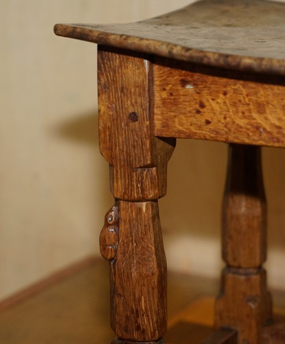 ORIGINAL 1930'S BURR OAK ROBERT MOUSEMAN THOMPSON STOOL WITH PERIOD CURVED TOP - Picture 13 of 23