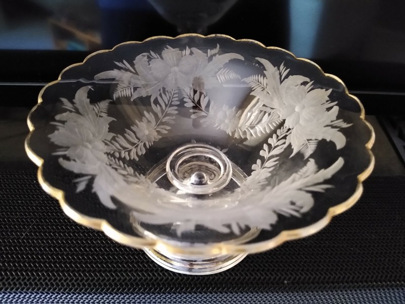 Antique Stiegel Style Etched and Gilt  Footed Shallow Bowl Scalloped Edge