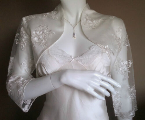 Ivory or White Lace & Satin Bolero/Shrug/Jacket/Stole/Tippet/Wrap/Shawl 3/4 New - Afbeelding 1 van 9