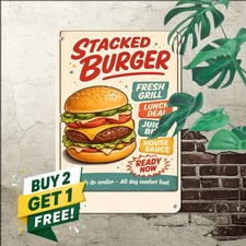 Retro Stacked Hamburger Tin Sign Vintage Restaurant Wall Decor