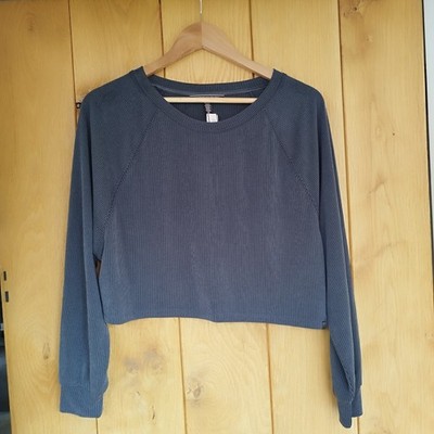 Victoria's Secret geripptes bauchfreies Oberteil Langarm weich Stretch grau schwarz neu Small