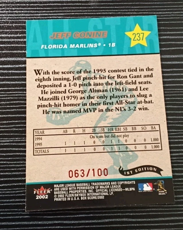 Fleer Box Score All-Star 2002 Jeff Conine primera edición raro SP #/100 Foto 2 de 3