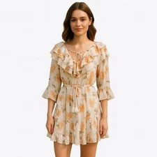 NEW POL Small Mini Floral and Bird Mini Print Dress Ruffle Tassel Neckline Boho