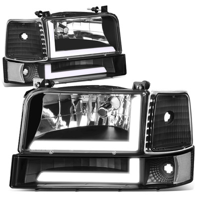 Fit 92-96 Ford F150 F250 F350 6Pcs Headlight+Bumper Lamp w/LED DRL Black/Clear