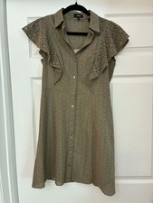 Theory Nova Eyelet Ruffle Dress 6 Taupe Button Front Cotton