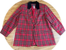 Vtg Sag Harbor 90s Boxy Plaid Blazer Wool Blend Red Tartan Velvet Collar Sz 18