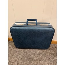 Vintage JCPenney Hard Shell Suitcase Metallic Blue Faux Leather Luggage with Key