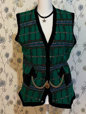 Vintage Green Plaid Knit Vest with Gold